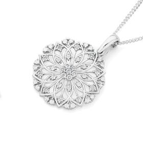 9ct+White+Gold+Diamond+Large+Flower+Pendant