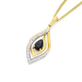 9ct+Gold+Sapphire+%26amp%3B+Diamond+Swirl+Teardrop+Pendant