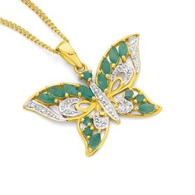 9ct+Gold+Emerald+%26amp%3B+Diamond+Butterfly+Pendant