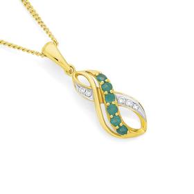 9ct+Gold+Emerald+and+Diamond+Infinity+Swirl+Pendant