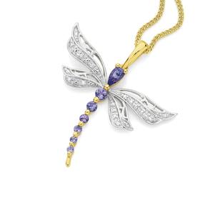 9ct+Gold+Two+Tone+Tanzanite+%26+Diamond+Dragonfly+Pendant