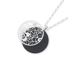 Silver+Large+Round+Black+Agate+With+Flower+Overlay+Pendant
