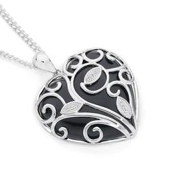 Silver+Onyx+Scroll+With+CZ+Leaves+Cage+Heart+Pendant