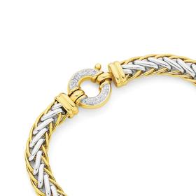 9ct-Gold-Two-Tone-19cm-Solid-Weave-Diamond-Bolt-Ring-Bracelet on sale