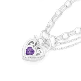 Silver-19cm-Amethyst-CZ-Heart-Scroll-Padlock-Bracelet on sale