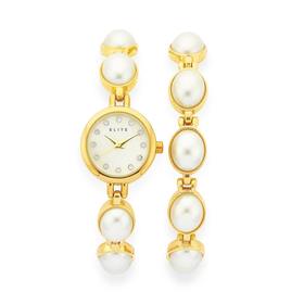 Elite+Ladies+Faux+Pearl+Watch+%26amp%3B+Bracelet+Set