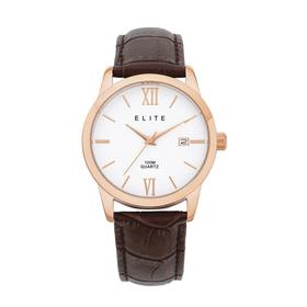 Elite+Mens+Rose+Tone+Brown+Leather+Strap