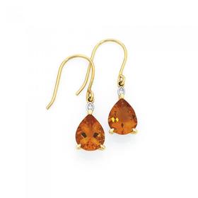 9ct+Gold+Citrine+%26amp%3B+Diamond+Pear+Drop+Hook+Earrings