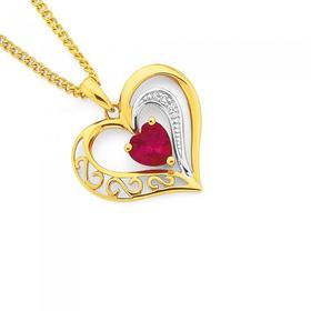 9ct-Gold-Created-Ruby-Diamond-Heart-Pendant on sale