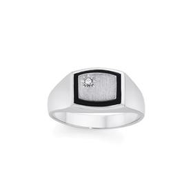 Sterling-Silver-Satin-Signet-with-Black-Border-Cubic-Zirconia-Gents-Ring on sale