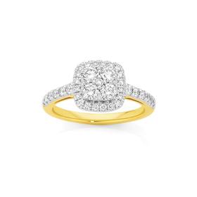 9ct+Gold+Diamond+Cluster+Cushion+Shape+Ring