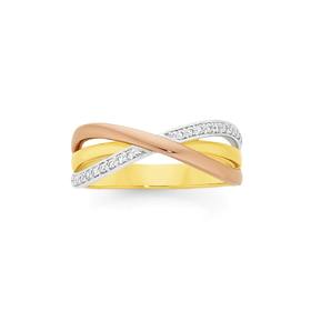 9ct+Gold+Tri+Tone+Diamond+Crossover+Ring