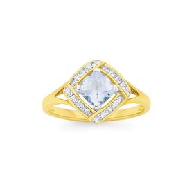 9ct+Gold+Aquamarine+%26amp%3B+Diamond+Cushion+Shape+Crossover+Framed+Ring