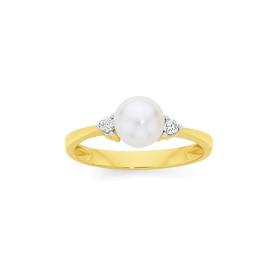 9ct+Gold+Cultured+Freshwater+Pearl+%26+.10ct+Diamond+Ring