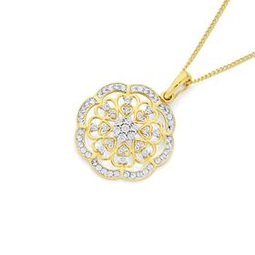 9ct+Gold+Diamond+Large+Flower+Pendant