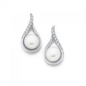 Silver-Cultured-Freshwater-Pearl-Cubic-Zirconia-Open-Teardrop-Earrings on sale