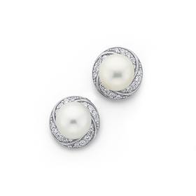 Silver+Freshwater+Pearl+And+Cubic+Zirconia+Twist+Border+Earrings