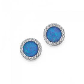 Sterling+Silver+Round+Synthetic+Opal+%26amp%3B+Cubic+Zirconia+Stud+Earrings