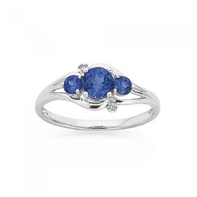 9ct-White-Gold-Created-Ceylon-Sapphire-Diamond-Trilogy-Ring on sale