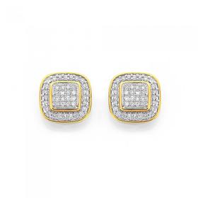 9ct+Gold+Diamond+Cushion+Shape+Stud+Earrings