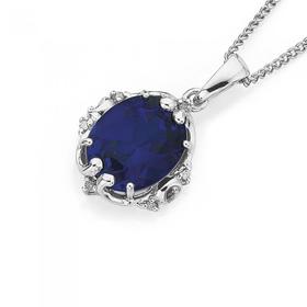 9ct-White-Gold-Created-Ceylon-Sapphire-Diamond-Pendant on sale