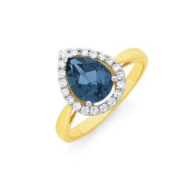 9ct-Gold-London-Blue-Topaz-Diamond-Pear-Halo-Ring on sale