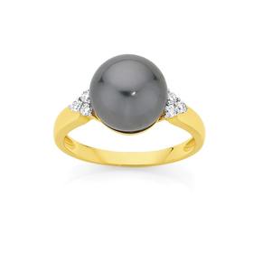 9ct+Gold+Cultured+Tahitian+Pearl+%26amp%3B+Diamond+Ring