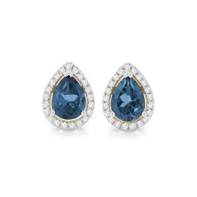 9ct+Gold+London+Blue+Topaz+%26amp%3B+Diamond+Pear+Halo+Stud+Earrings