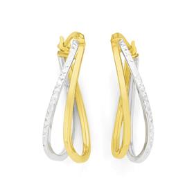 9ct+Two+Tone+Diamond-Cut+Hoop+Earrings