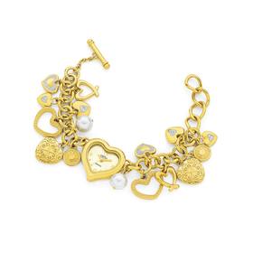 Elite-Ladies-Gold-Tone-Heart-Charm-Bracelet-Watch on sale