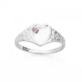 Silver-Pink-CZ-Heart-Fancy-Signet-Ring-Size-G on sale