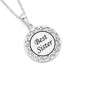 Silver-Best-Sister-Filigree-Border-Disc-Pendant on sale