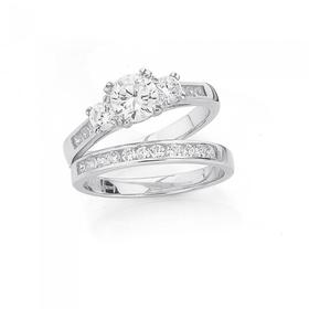 Sterling+Silver+Cubic+Zirconia+Trilogy+with+Channel+Set+Bridal+Set+Ring