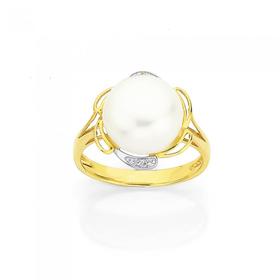 9ct+Gold+Cultured+Freshwater+Pearl+%26amp%3B+Diamond+Flower+Ring