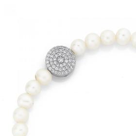 Silver-Round-Pave-CZ-Cultured-Freshwater-Pearl-Bracelet on sale