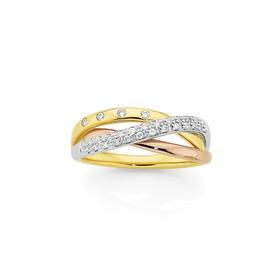 9ct+Tri+Tone+Diamond+Twist+Ring