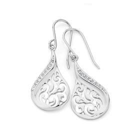 Silver+Filigree+Cubic+Zirconia+Teardrop+Hook+Earrings