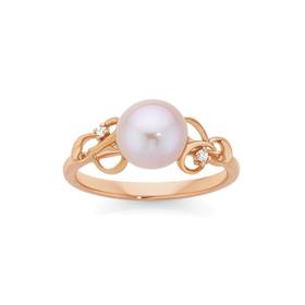 9ct+Rose+Gold+Cultured+Freshwater+Pearl+%26amp%3B+Diamond+Swirl+Filigree+Ring