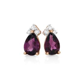 9ct+Rose+Gold+Rhodolite+Garnet+%26amp%3B+Diamond+Stud+Earrings