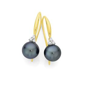 9ct+Gold+Cultured+Tahitian+Pearl+%26amp%3B+Diamond+Shepherd+Hook+Earrings