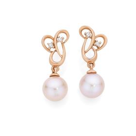 9ct+Rose+Gold+Cultured+Freshwater+Pearl+%26amp%3B+Diamond+Swirl+Filigree+Stud+Earrings