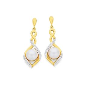 9ct+Gold+Cultured+Freshwater+Pearl+%26amp%3B+Diamond+Crossover+Teardrop+Stud+Earrings