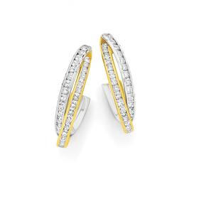 9ct+Gold+Two+Tone+Cubic+Zirconia+Crossover+Hoop+Stud+Earrings