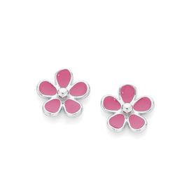 Silver+Pink+Enamel+Flower+Stud+Earrings