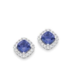 Silver+Dark+Blue+CZ+Cushion+Cluster+Stud+Earrings