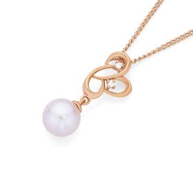 9ct+Rose+Gold+Cultured+Freshwater+Pearl+%26amp%3B+Diamond+Swirl+Filigree+Pendant