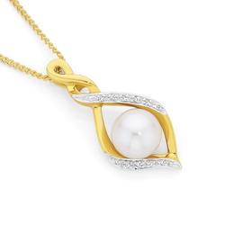 9ct+Gold+Cultured+Freshwater+Pearl+%26amp%3B+Diamond+Crossover+Teardrop+Slider+Pendant