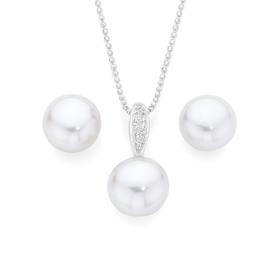 Silver+Pave+CZ+Cultured+Freshwater+Pearl+Pendant+and+Earrings+Set