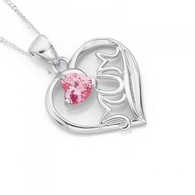 Silver-Pink-CZ-Heart-Mum-Pendant on sale