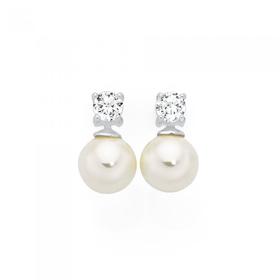 Silver+CZ+%26amp%3B+Synthetic+Pearl+Stud+Earrings